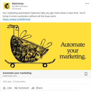 Mailchimp Facebook advertisement featuring a turtle on a skateboard. It reads "Automate your marketing."